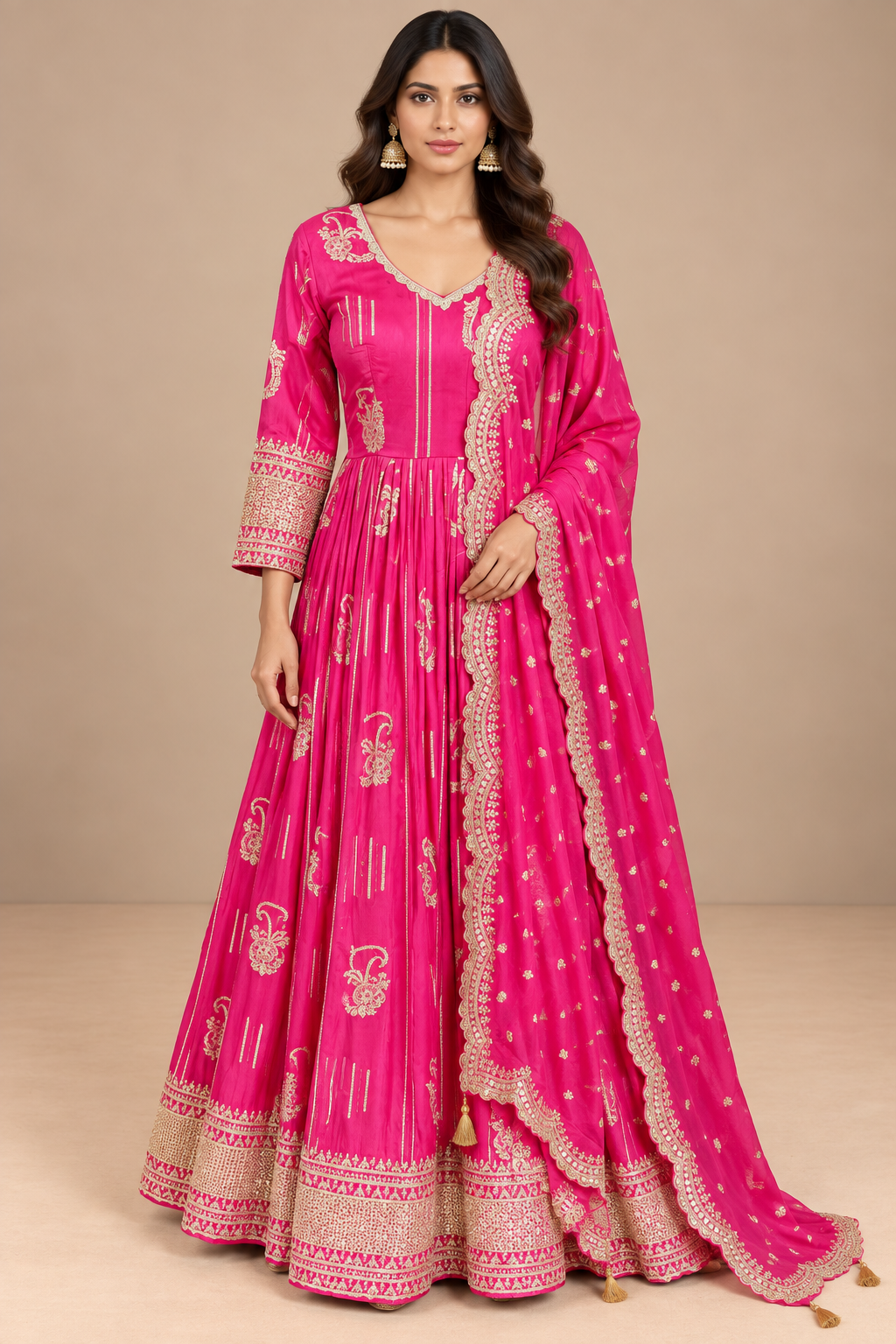 Rani Pink Silk Anarkali Set